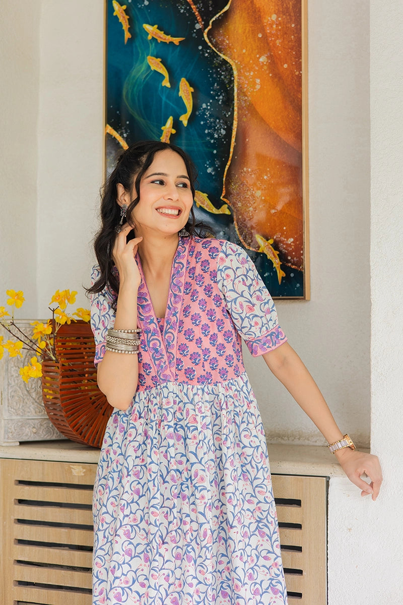 Peach Floral Printed V-Neck Gathered Detailed Cotton A-Line Midi Ethnic Dress
