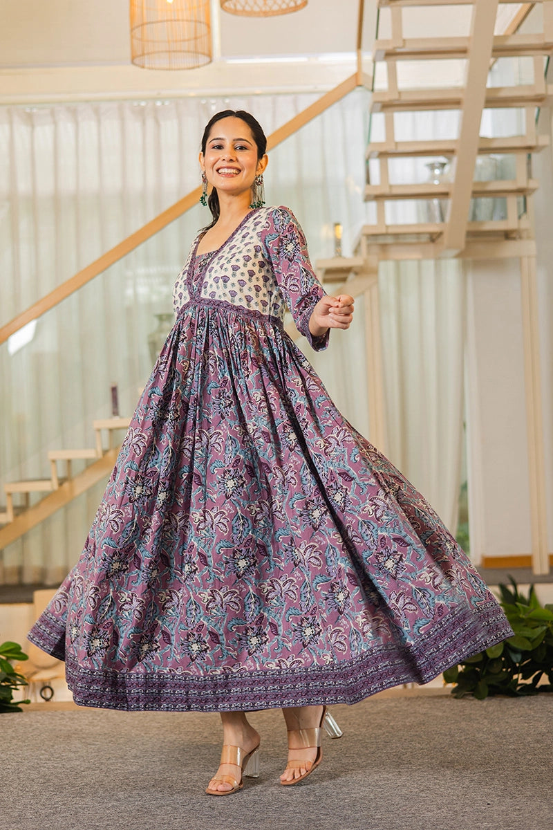 Light Violet Flared Anarkali Cotton Kurta with Floral Print