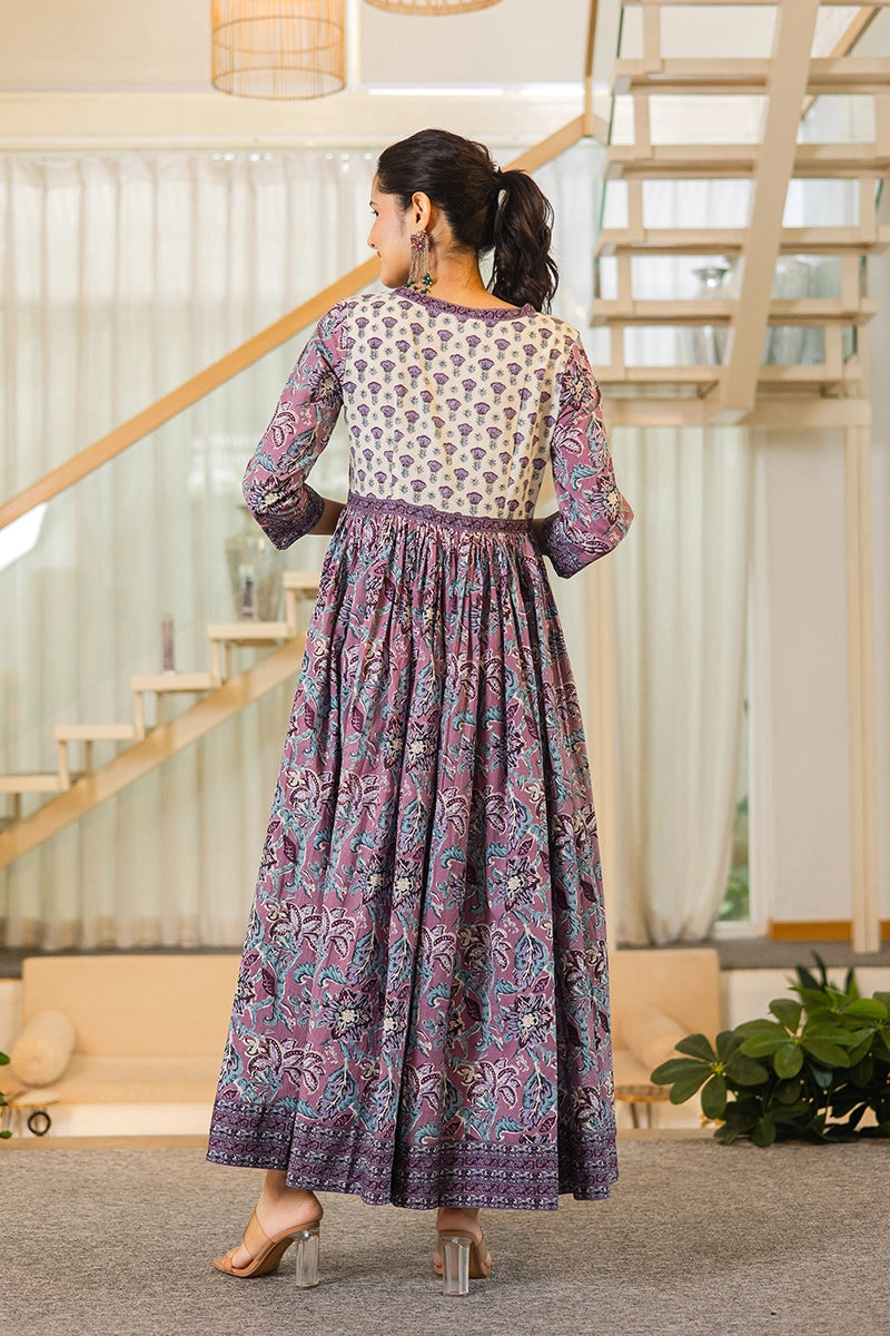 Light Violet Flared Anarkali Cotton Kurta with Floral Print