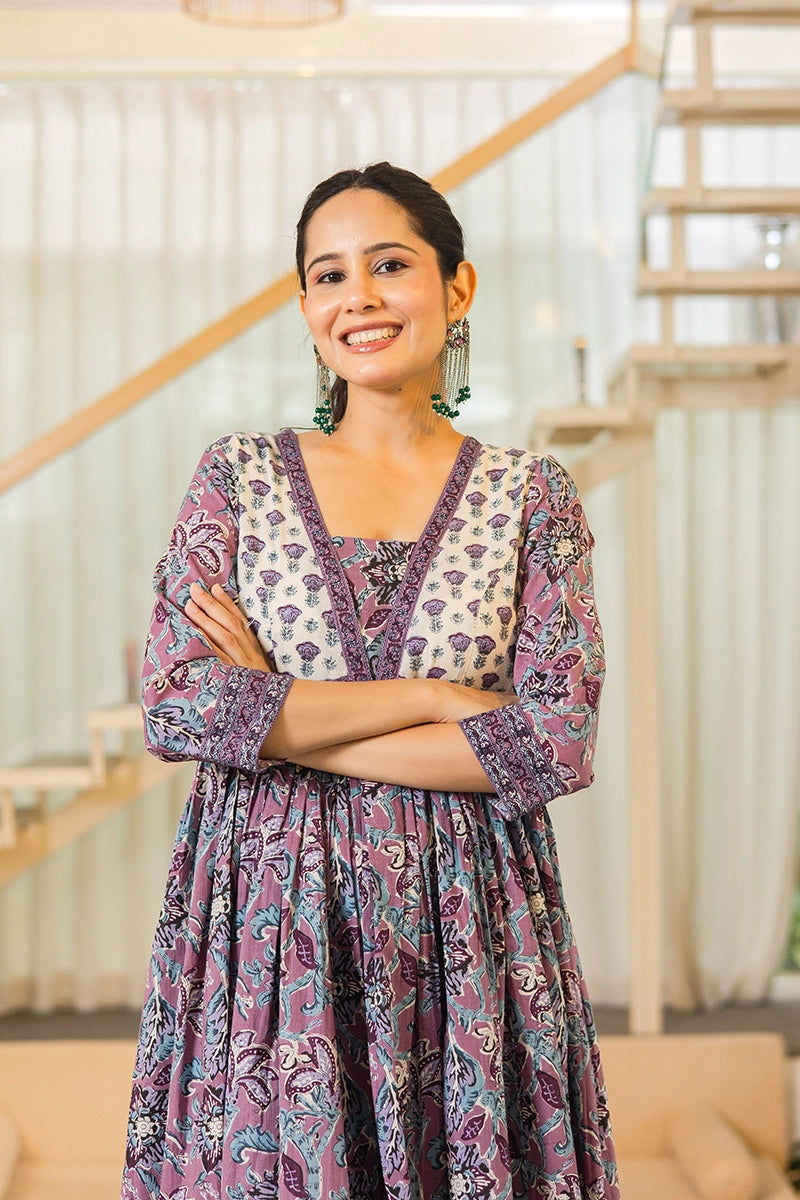 Light Violet Flared Anarkali Cotton Kurta with Floral Print