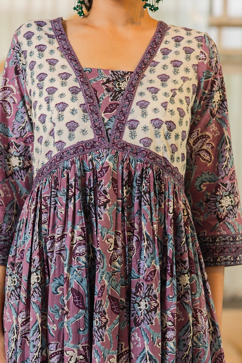Light Violet Flared Anarkali Cotton Kurta with Floral Print