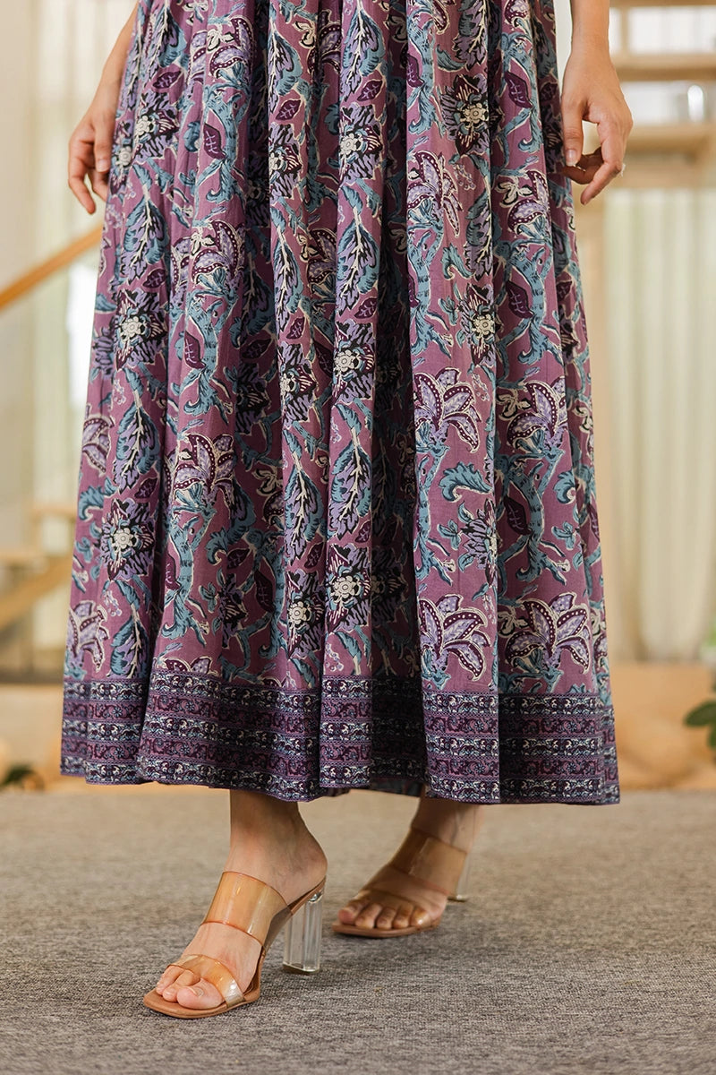 Light Violet Flared Anarkali Cotton Kurta with Floral Print