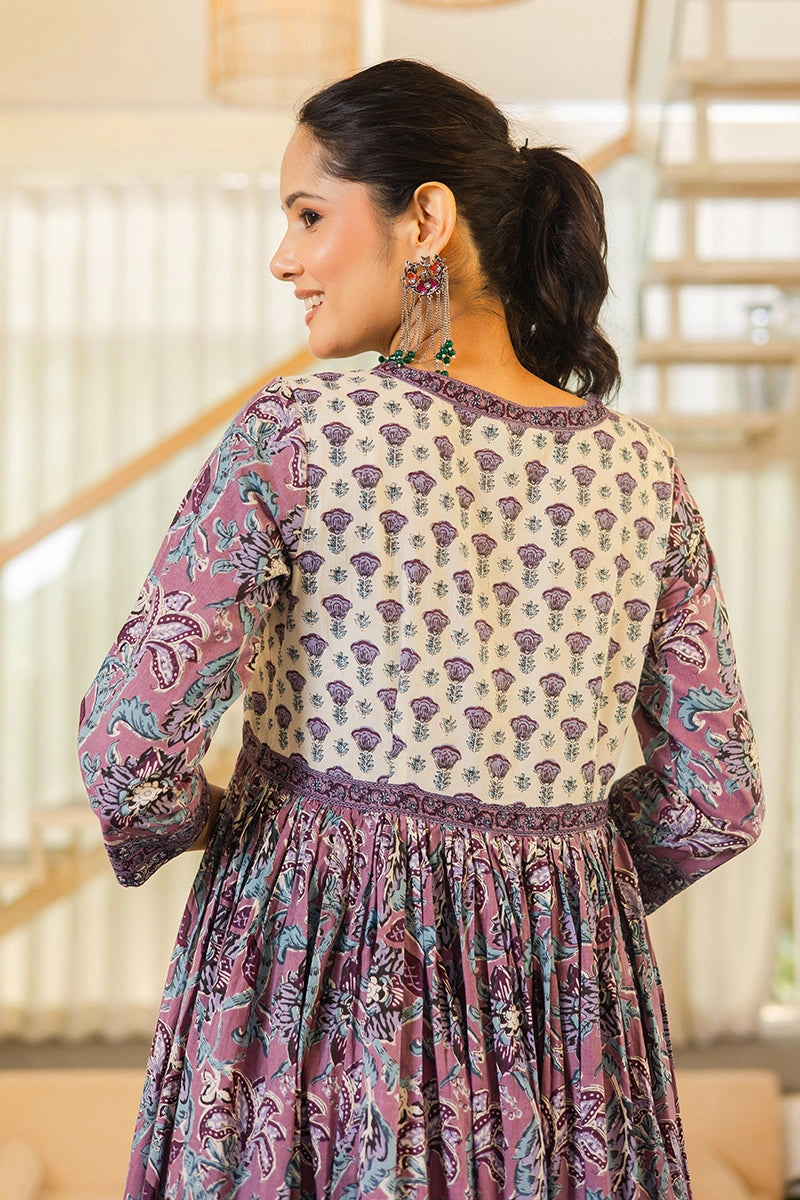 Light Violet Flared Anarkali Cotton Kurta with Floral Print