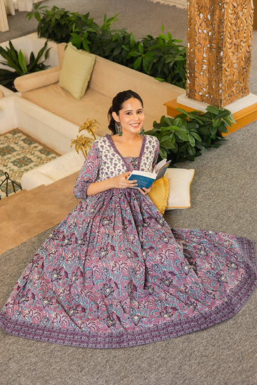 Light Violet Flared Anarkali Cotton Kurta with Floral Print