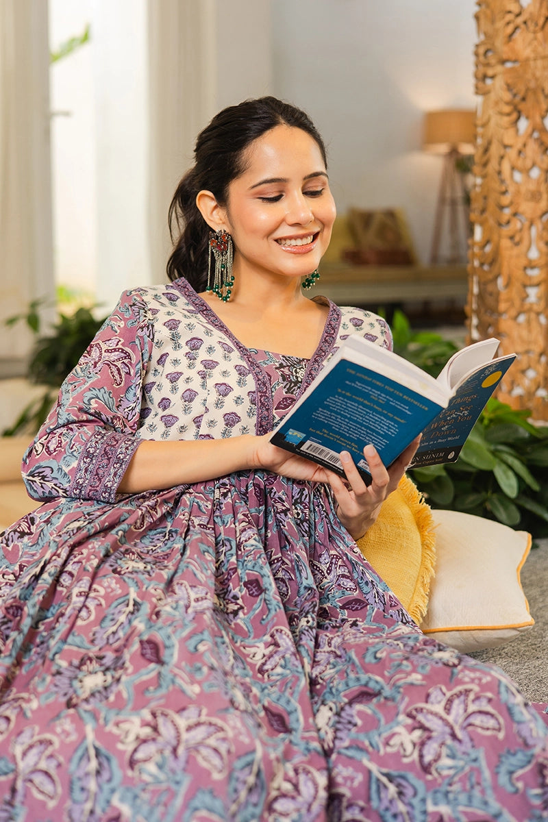 Light Violet Flared Anarkali Cotton Kurta with Floral Print