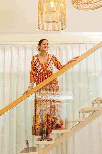 Mustard Flared Anarkali Cotton Kurta with Floral Print