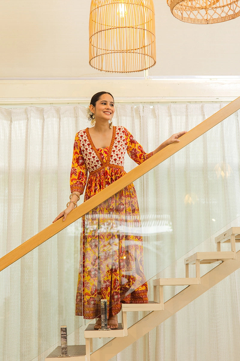 Mustard Flared Anarkali Cotton Kurta with Floral Print