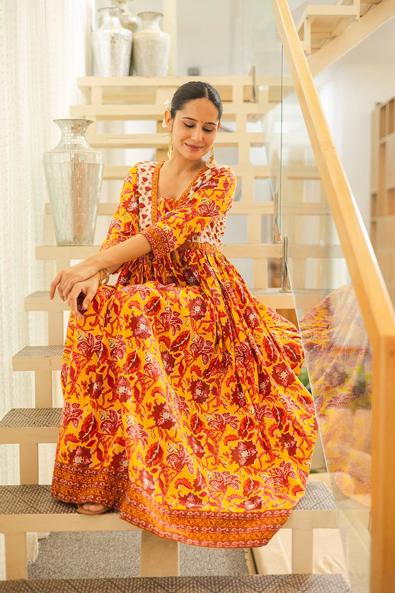 Mustard Flared Anarkali Cotton Kurta with Floral Print
