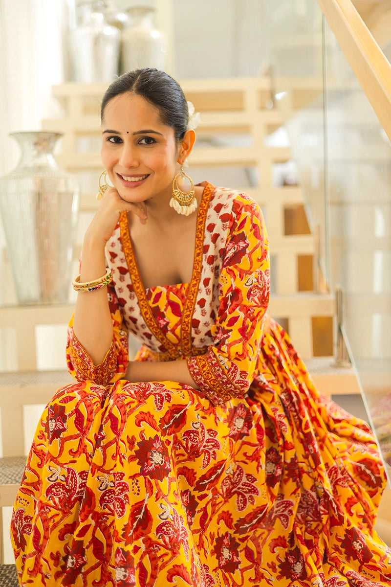 Mustard Flared Anarkali Cotton Kurta with Floral Print
