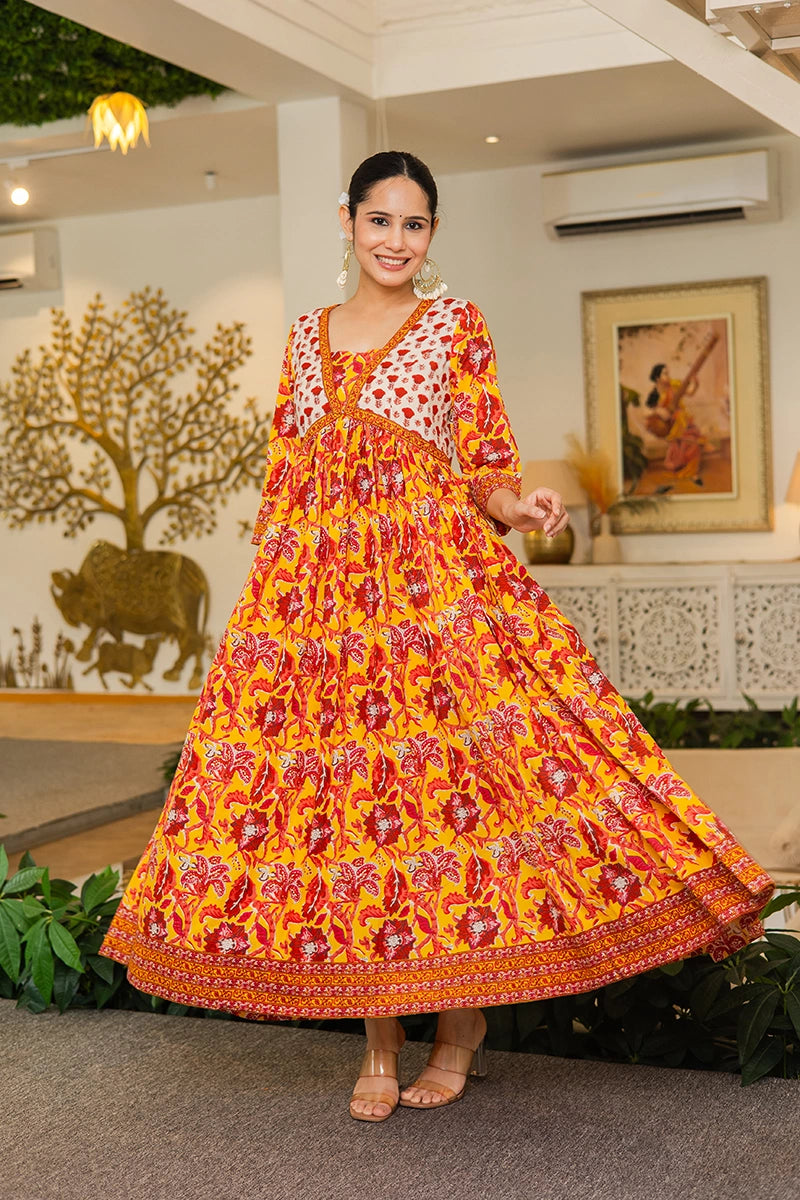 Mustard Flared Anarkali Cotton Kurta with Floral Print