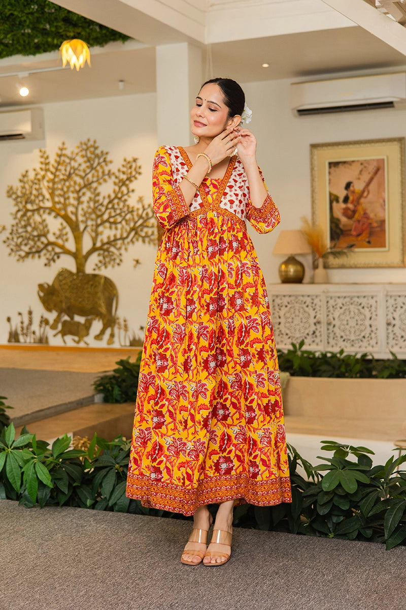 Mustard Flared Anarkali Cotton Kurta with Floral Print