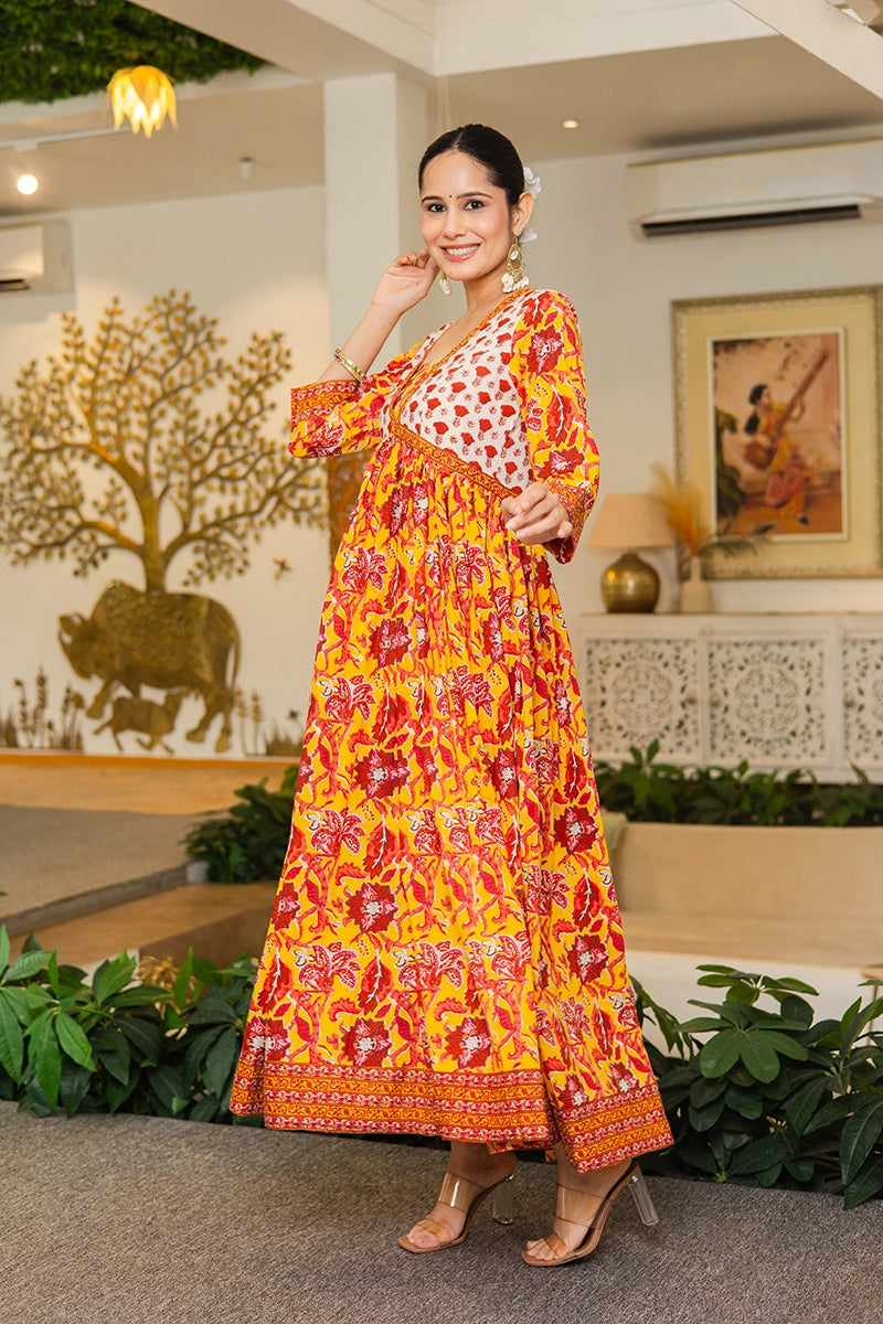 Mustard Flared Anarkali Cotton Kurta with Floral Print