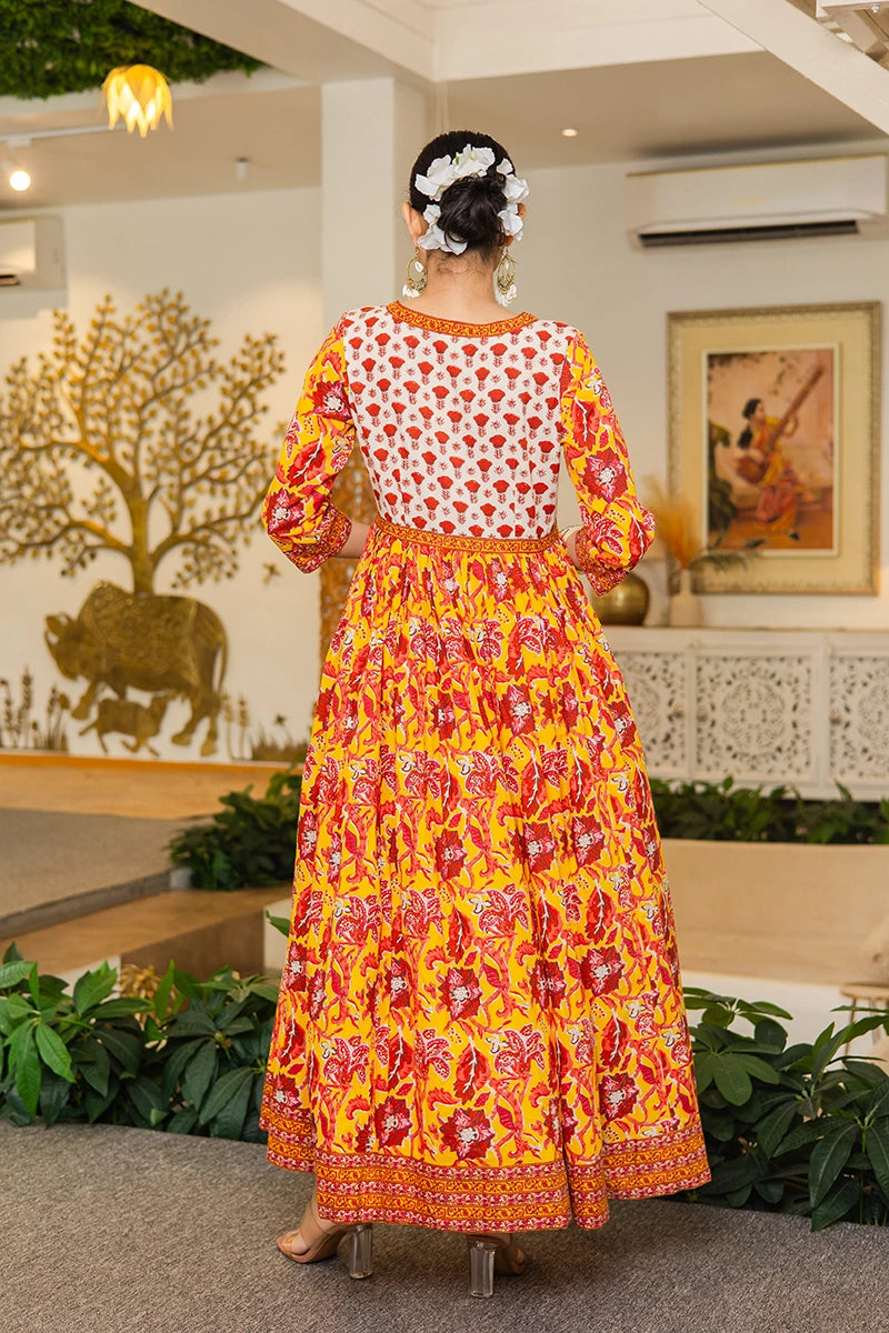 Mustard Flared Anarkali Cotton Kurta with Floral Print
