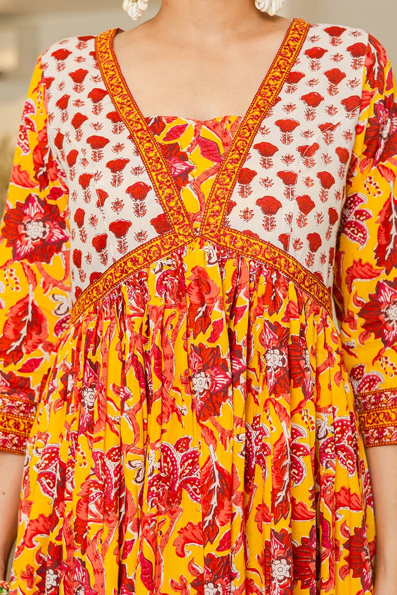 Mustard Flared Anarkali Cotton Kurta with Floral Print