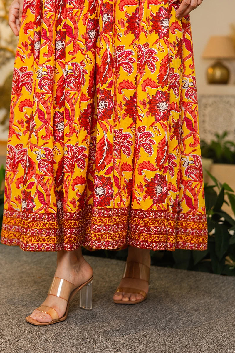 Mustard Flared Anarkali Cotton Kurta with Floral Print