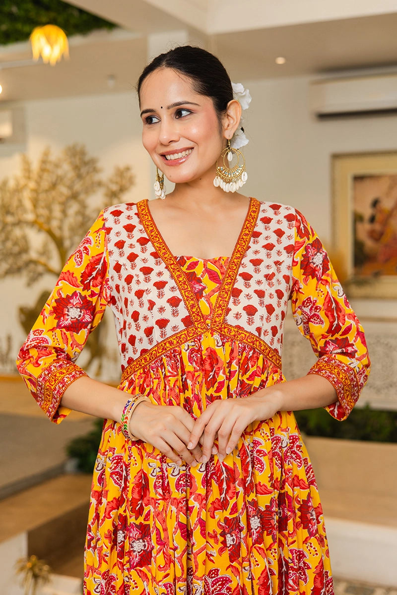 Mustard Flared Anarkali Cotton Kurta with Floral Print