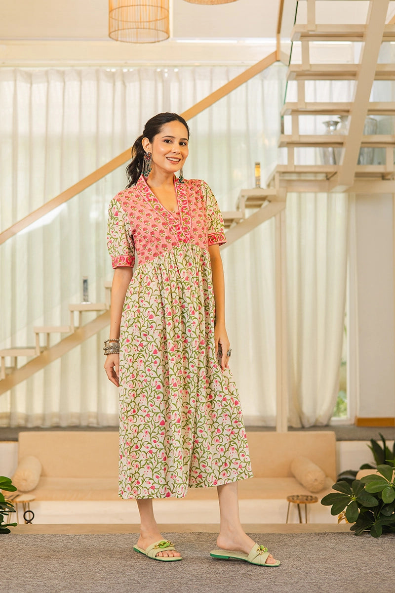 Pink Floral Printed V-Neck Gathered Detailed Cotton A-Line Midi Ethnic Dress