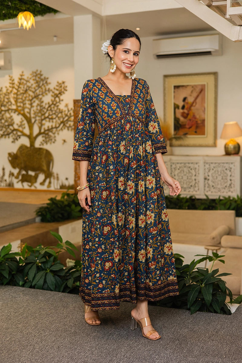 Navy Flared Anarkali Cotton Kurta with Floral Print