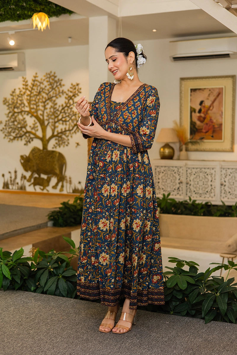 Navy Flared Anarkali Cotton Kurta with Floral Print