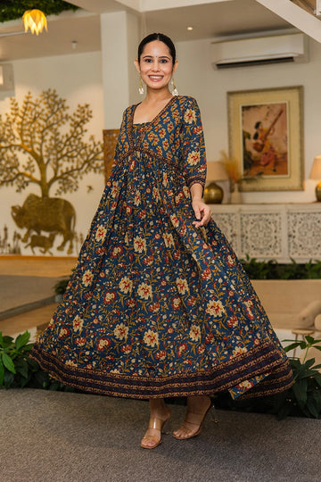 Navy Flared Anarkali Cotton Kurta with Floral Print