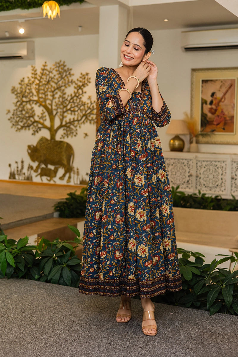 Navy Flared Anarkali Cotton Kurta with Floral Print