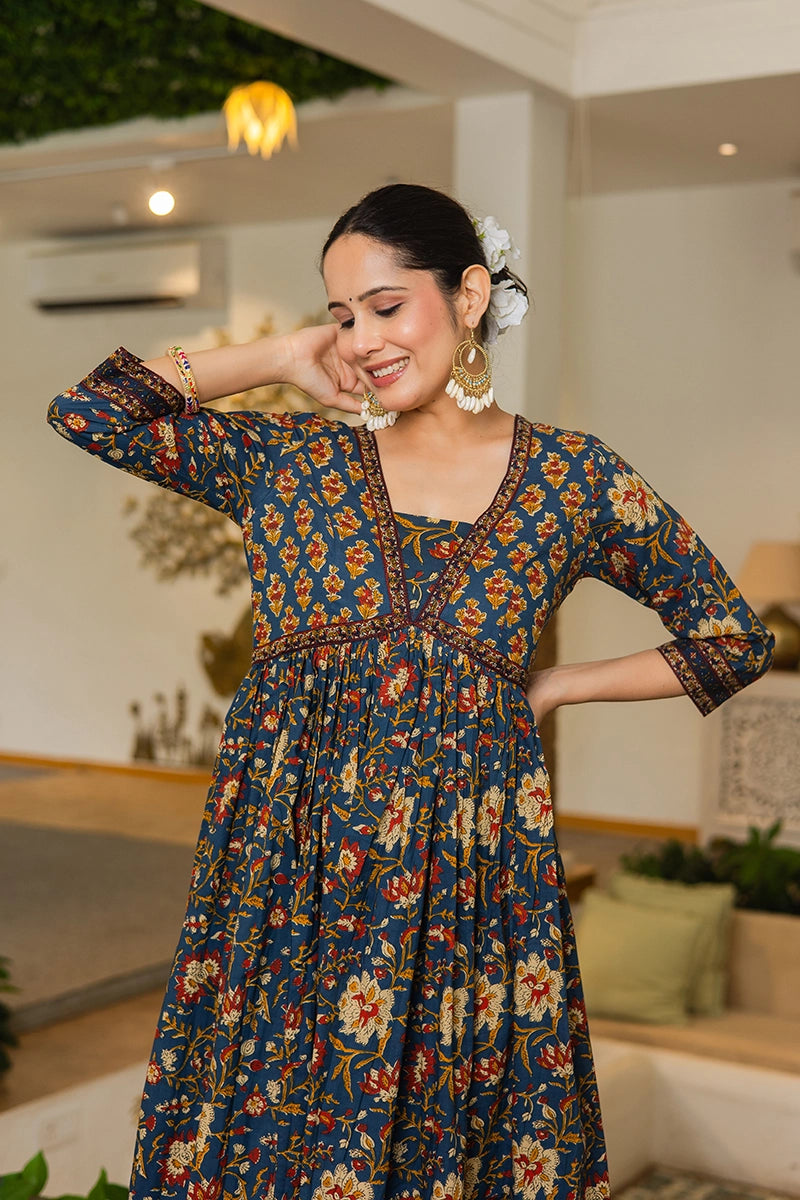Navy Flared Anarkali Cotton Kurta with Floral Print