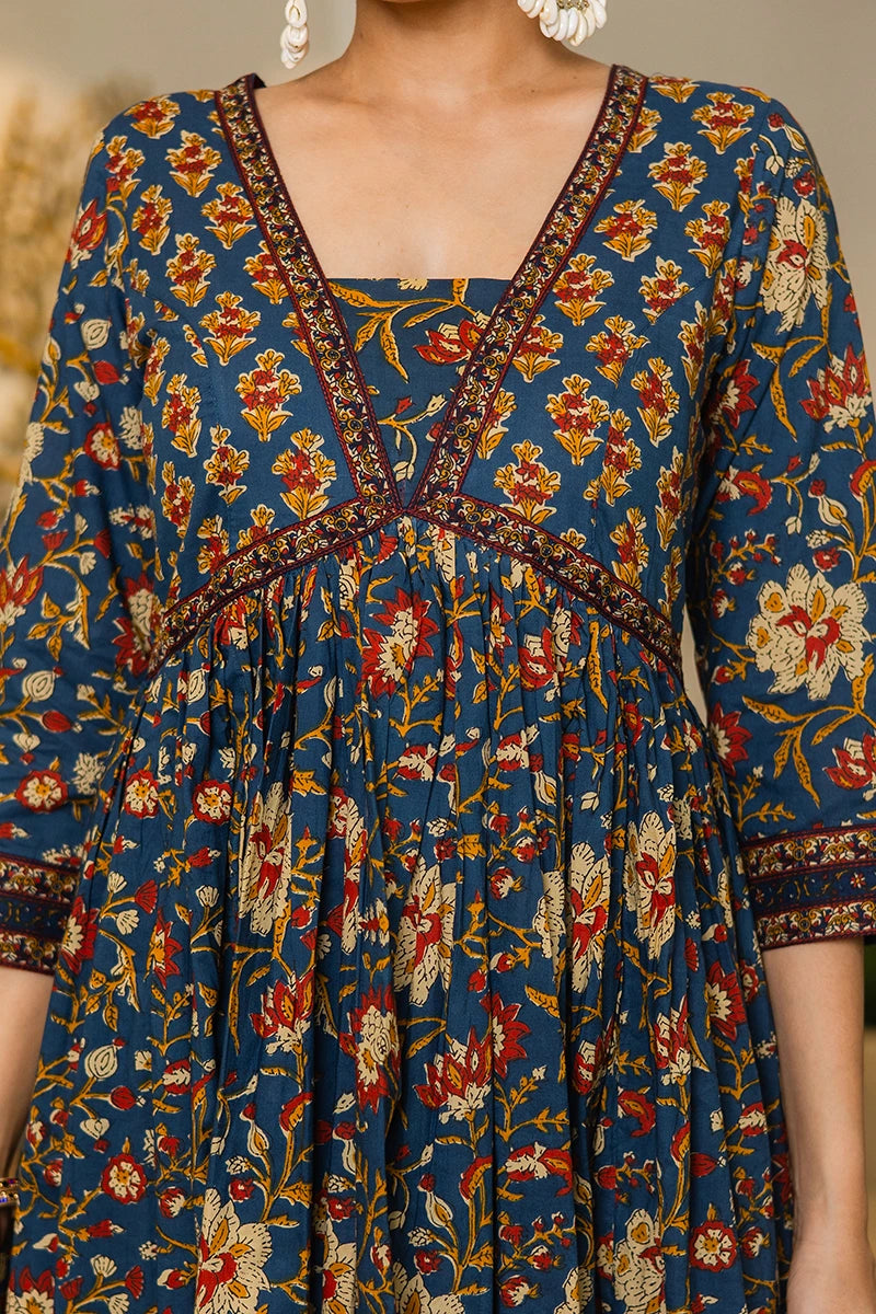 Navy Flared Anarkali Cotton Kurta with Floral Print
