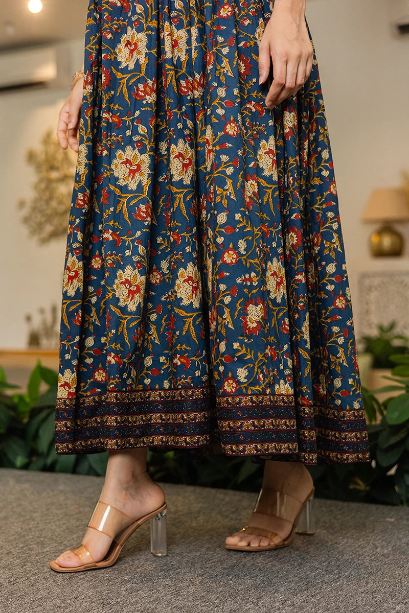 Navy Flared Anarkali Cotton Kurta with Floral Print