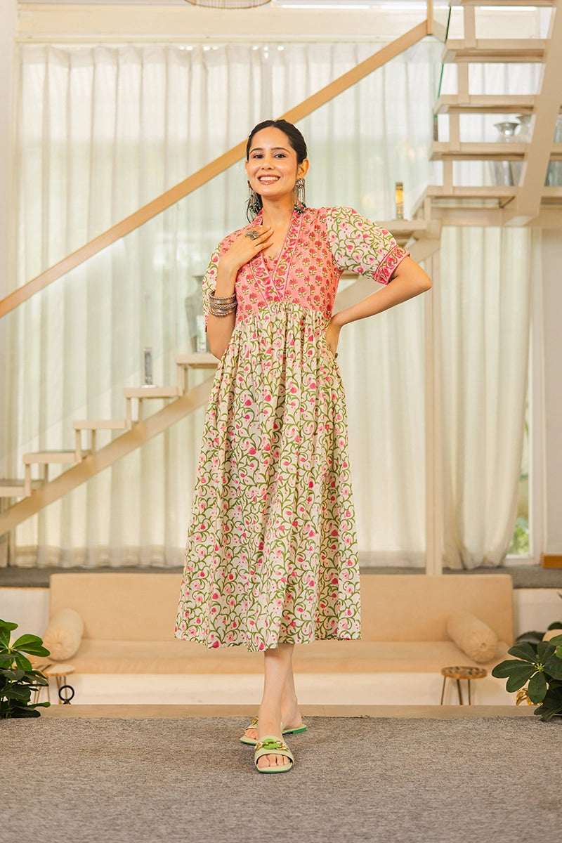 Pink Floral Printed V-Neck Gathered Detailed Cotton A-Line Midi Ethnic Dress