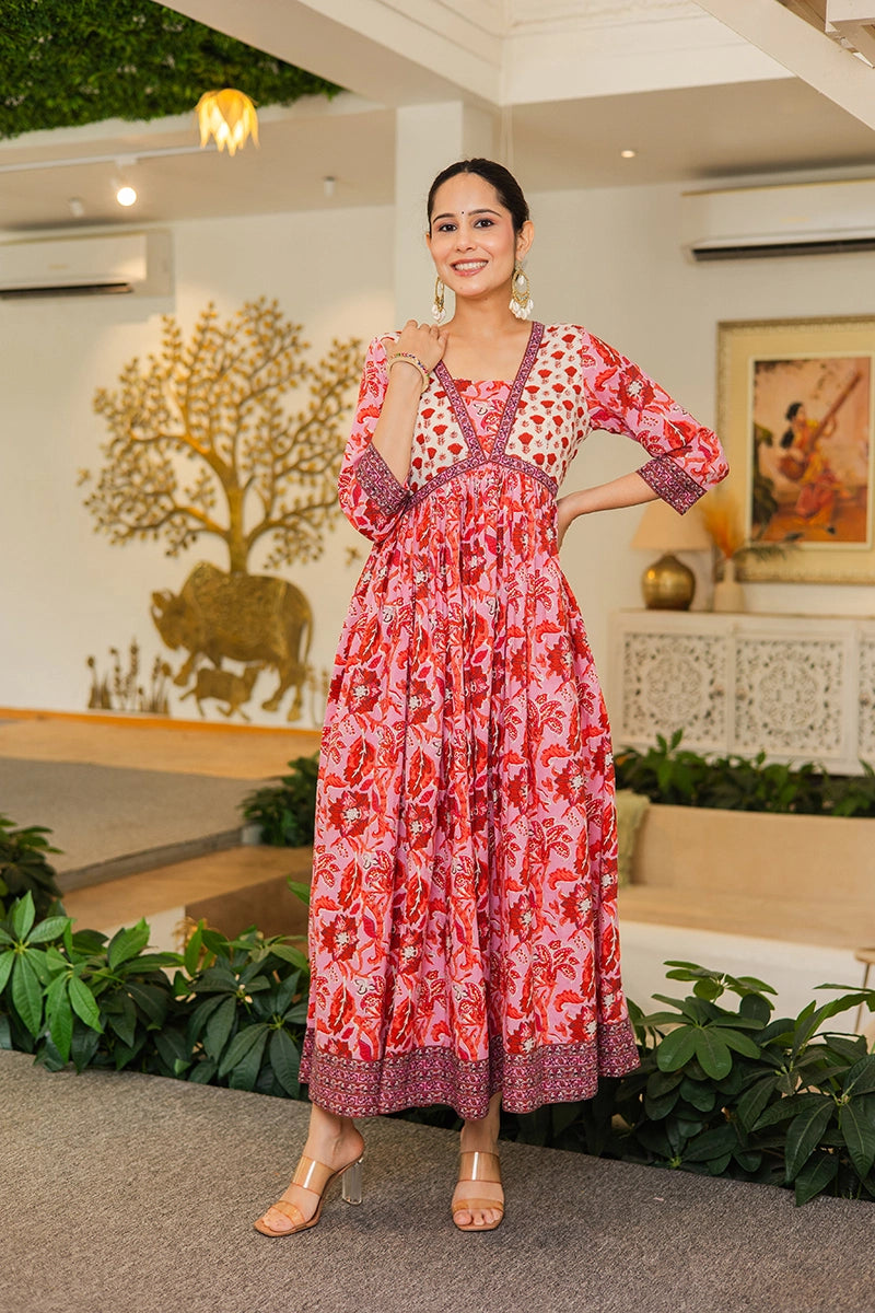 Pink Flared Anarkali Cotton Kurta with Floral Print