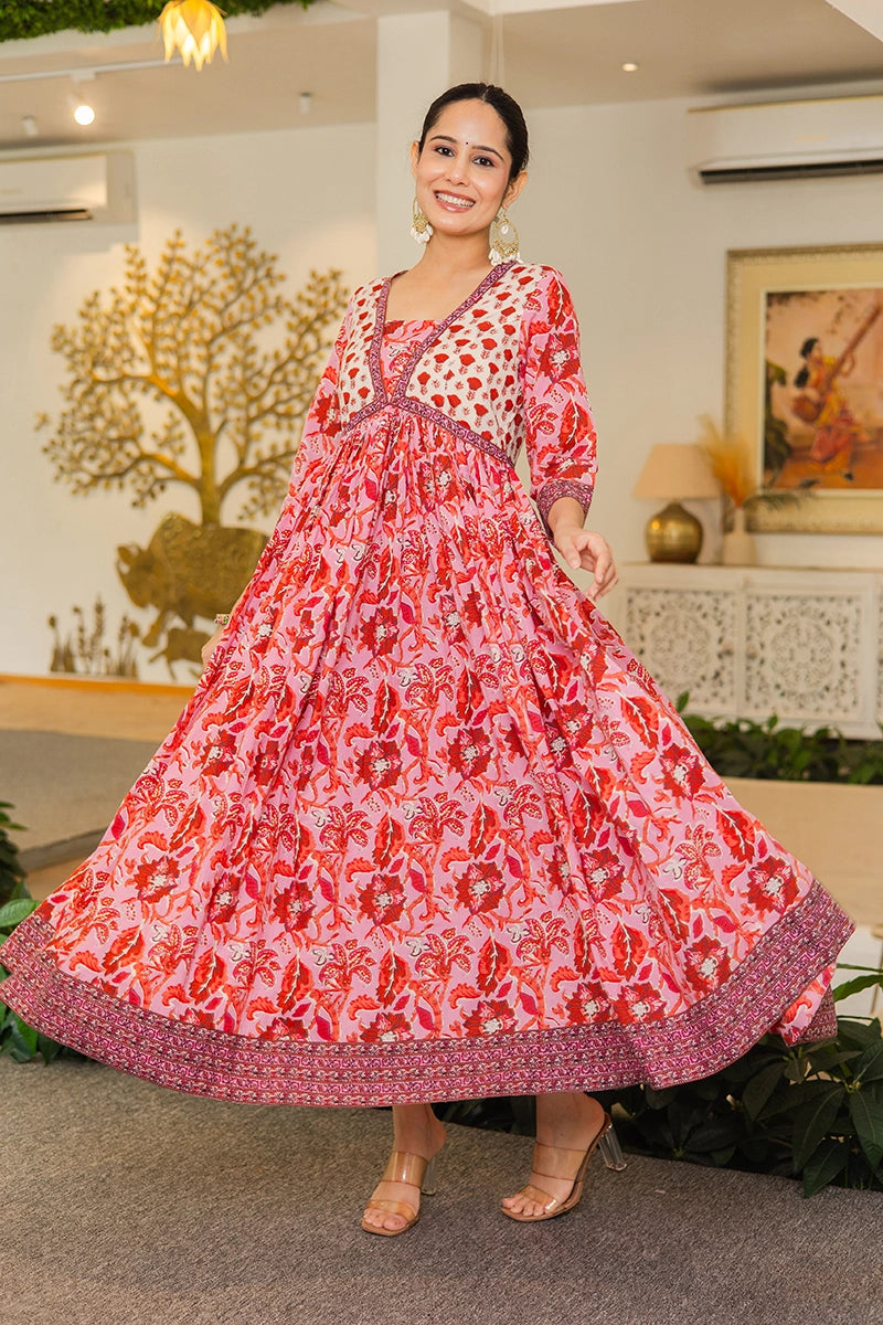 Pink Flared Anarkali Cotton Kurta with Floral Print