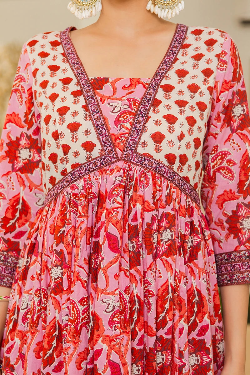 Pink Flared Anarkali Cotton Kurta with Floral Print