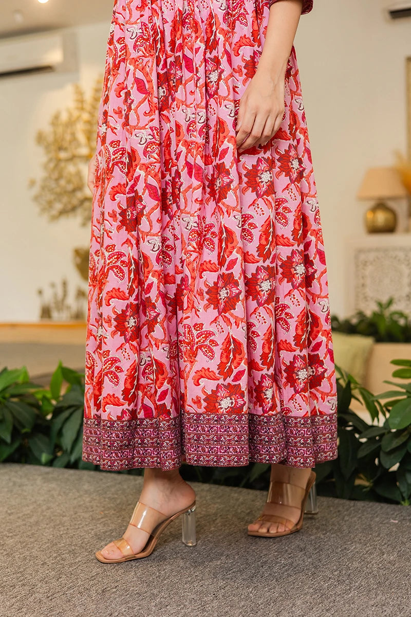 Pink Flared Anarkali Cotton Kurta with Floral Print