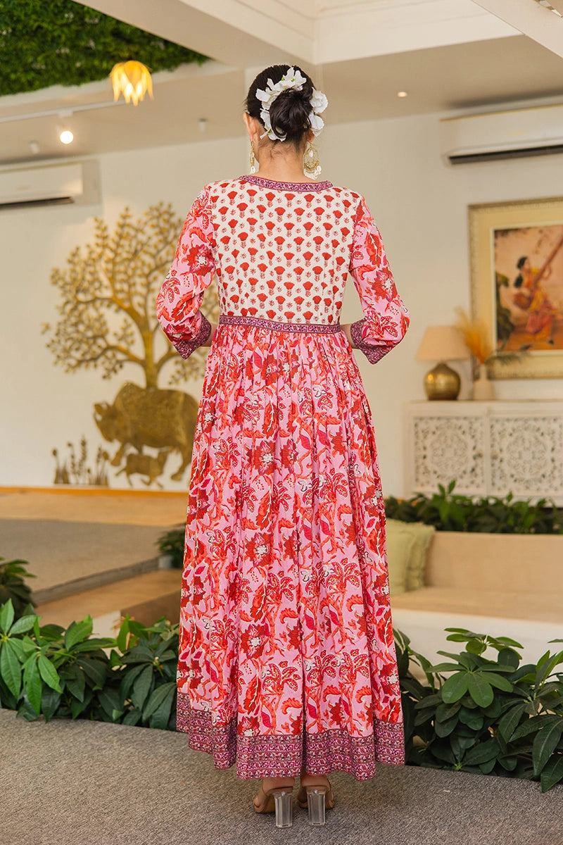 Pink Flared Anarkali Cotton Kurta with Floral Print