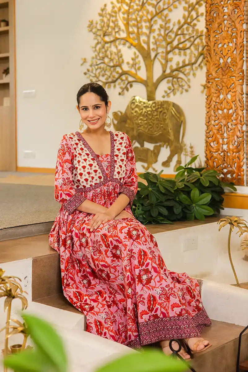 Pink Flared Anarkali Cotton Kurta with Floral Print