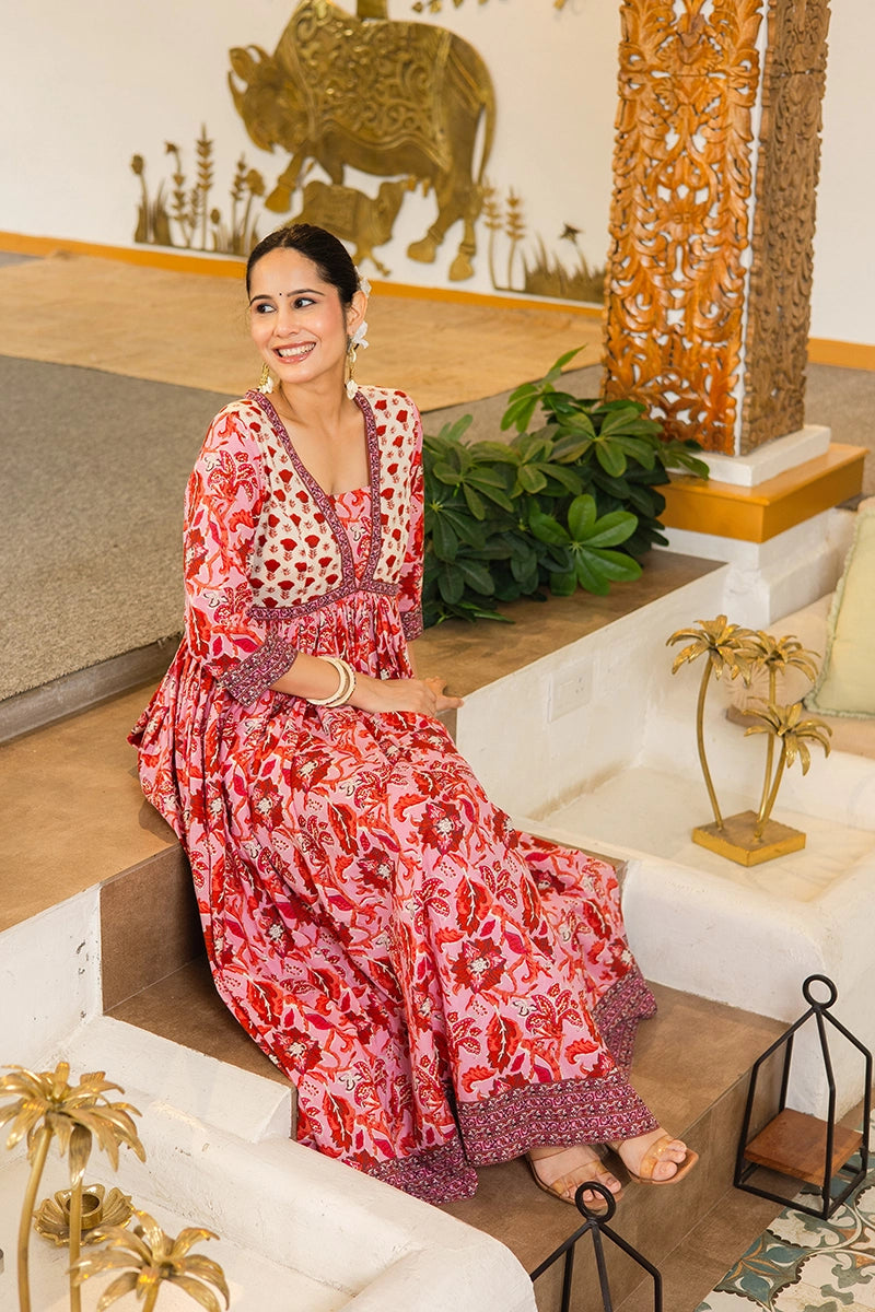 Pink Flared Anarkali Cotton Kurta with Floral Print