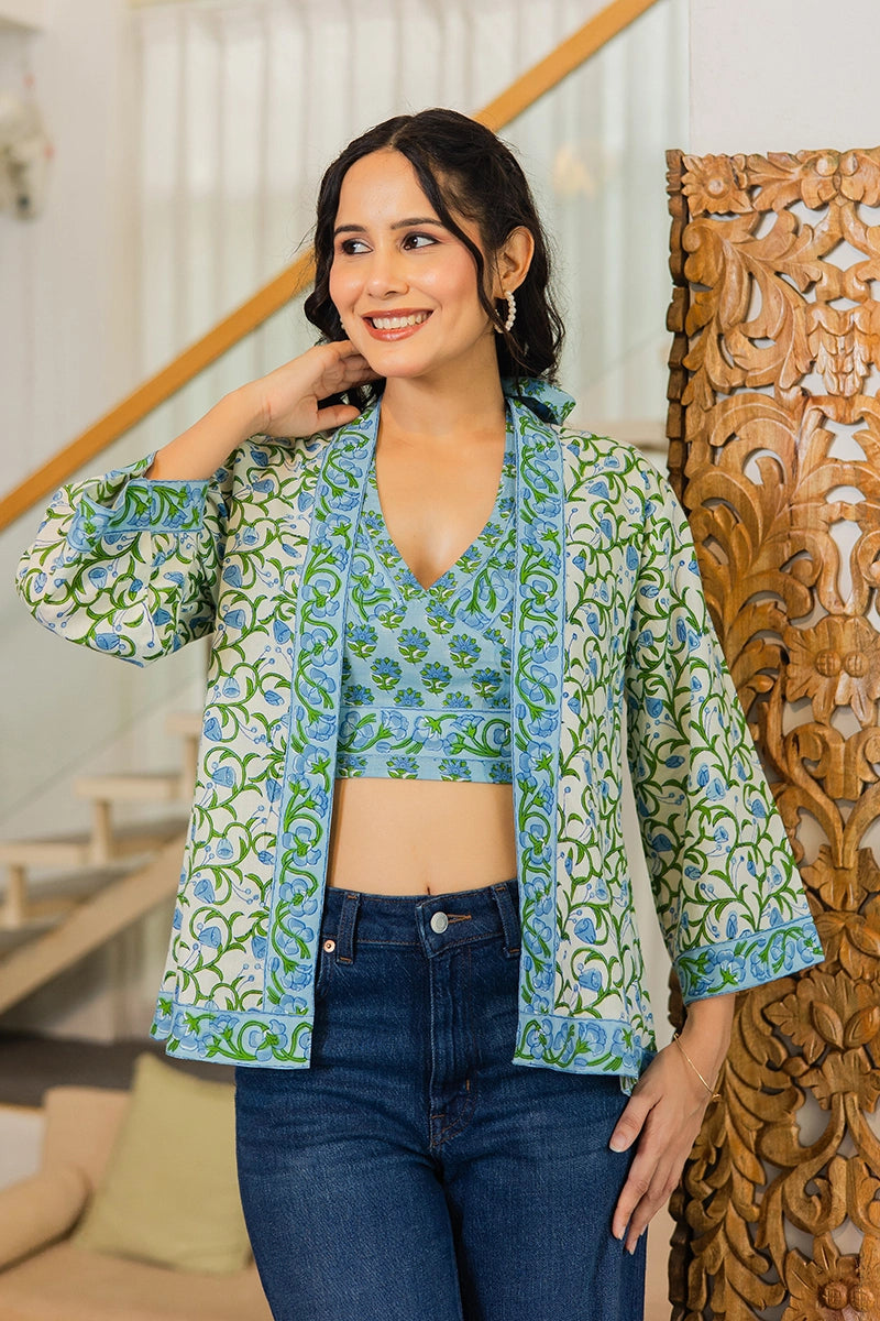 Blue Hand Block Printed Kimono and Halter Set