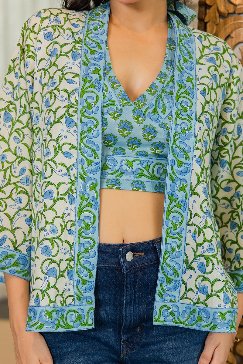 Blue Hand Block Printed Kimono and Halter Set