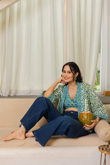 Blue Hand Block Printed Kimono and Halter Set