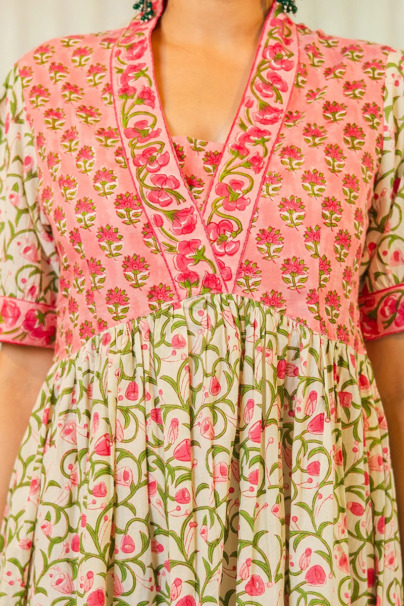 Pink Floral Printed V-Neck Gathered Detailed Cotton A-Line Midi Ethnic Dress