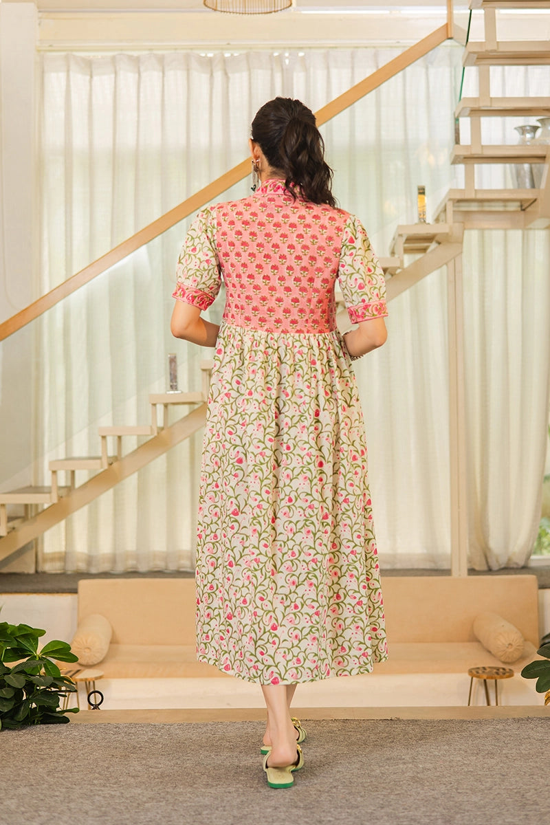 Pink Floral Printed V-Neck Gathered Detailed Cotton A-Line Midi Ethnic Dress