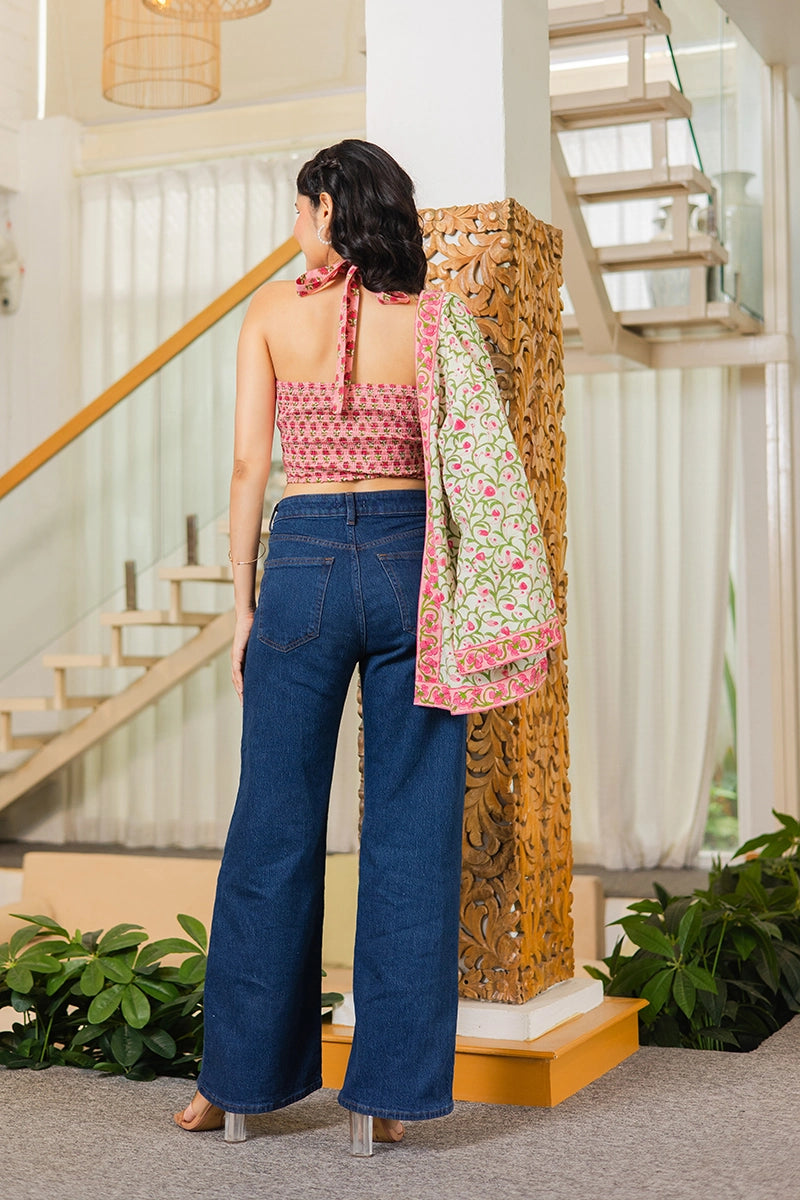 Pink Hand Block Printed Kimono and Halter Set
