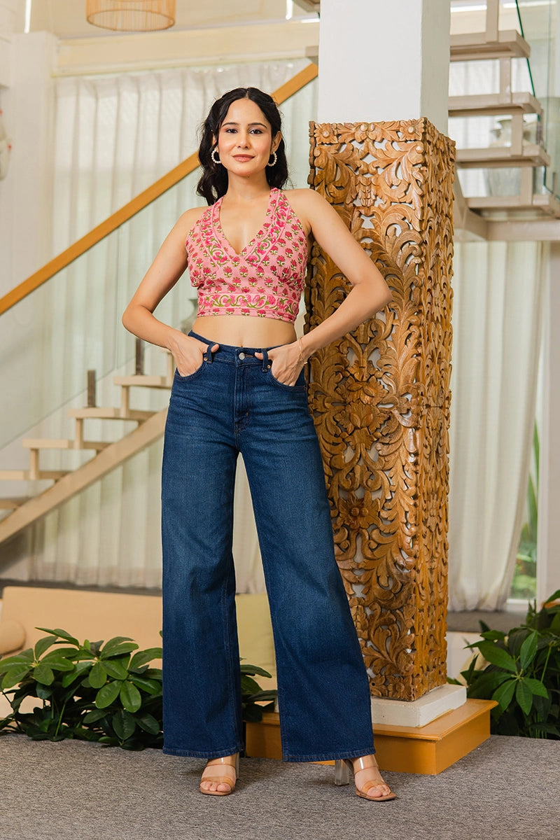 Pink Hand Block Printed Kimono and Halter Set