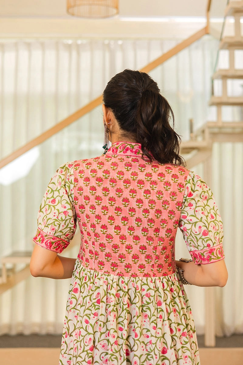 Pink Floral Printed V-Neck Gathered Detailed Cotton A-Line Midi Ethnic Dress