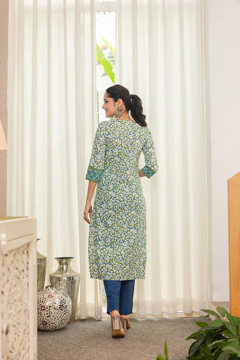 Blue Hand Block Printed Straight cotton Kurta
