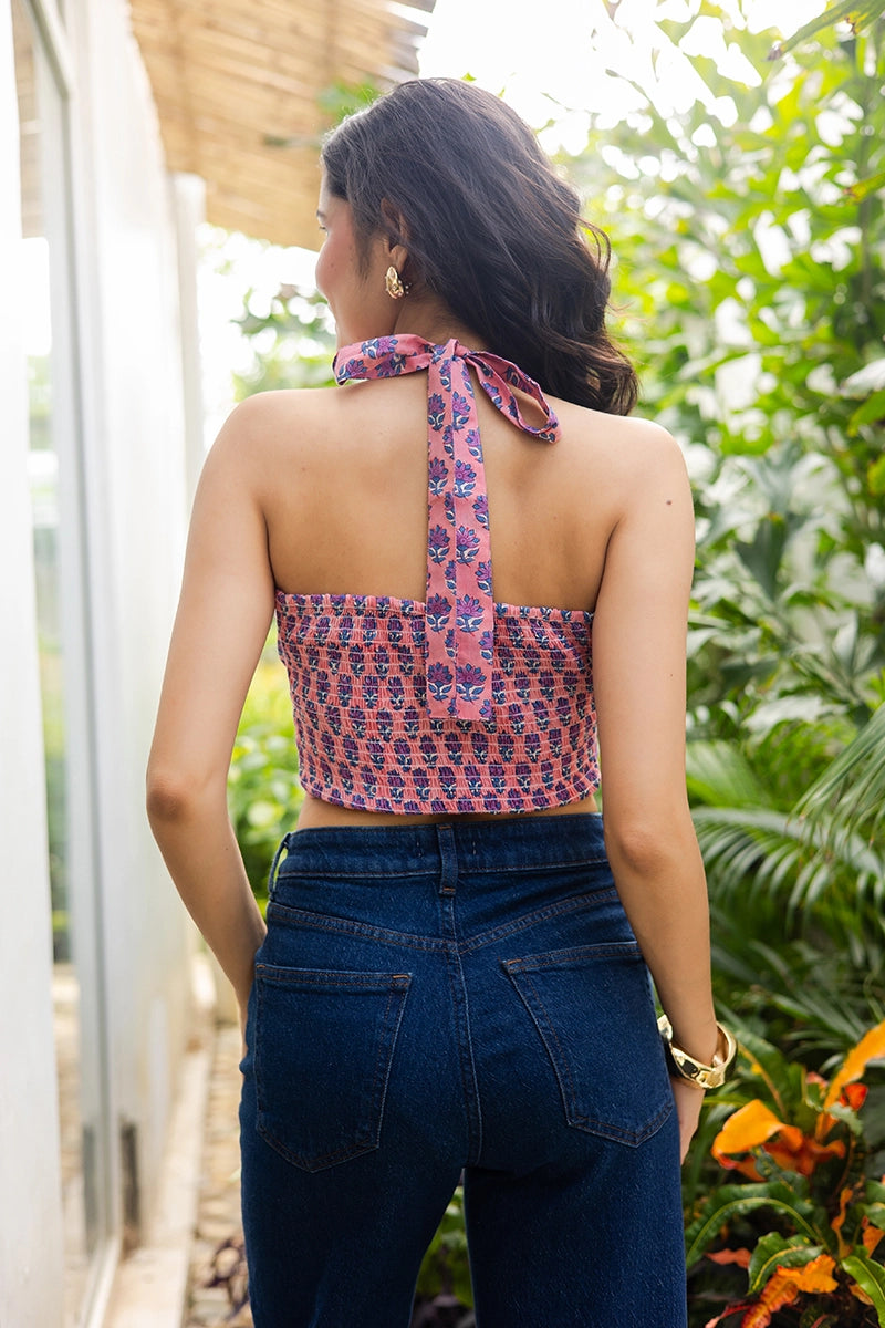 Peach Hand Block Printed Kimono and Halter Set