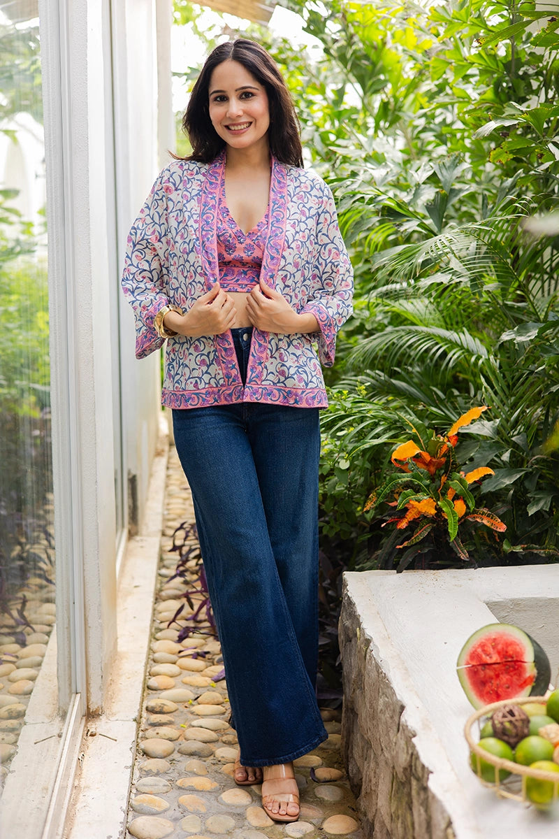 Peach Hand Block Printed Kimono and Halter Set