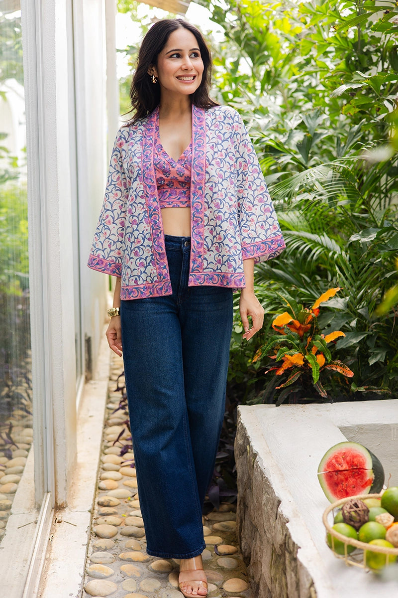 Peach Hand Block Printed Kimono and Halter Set