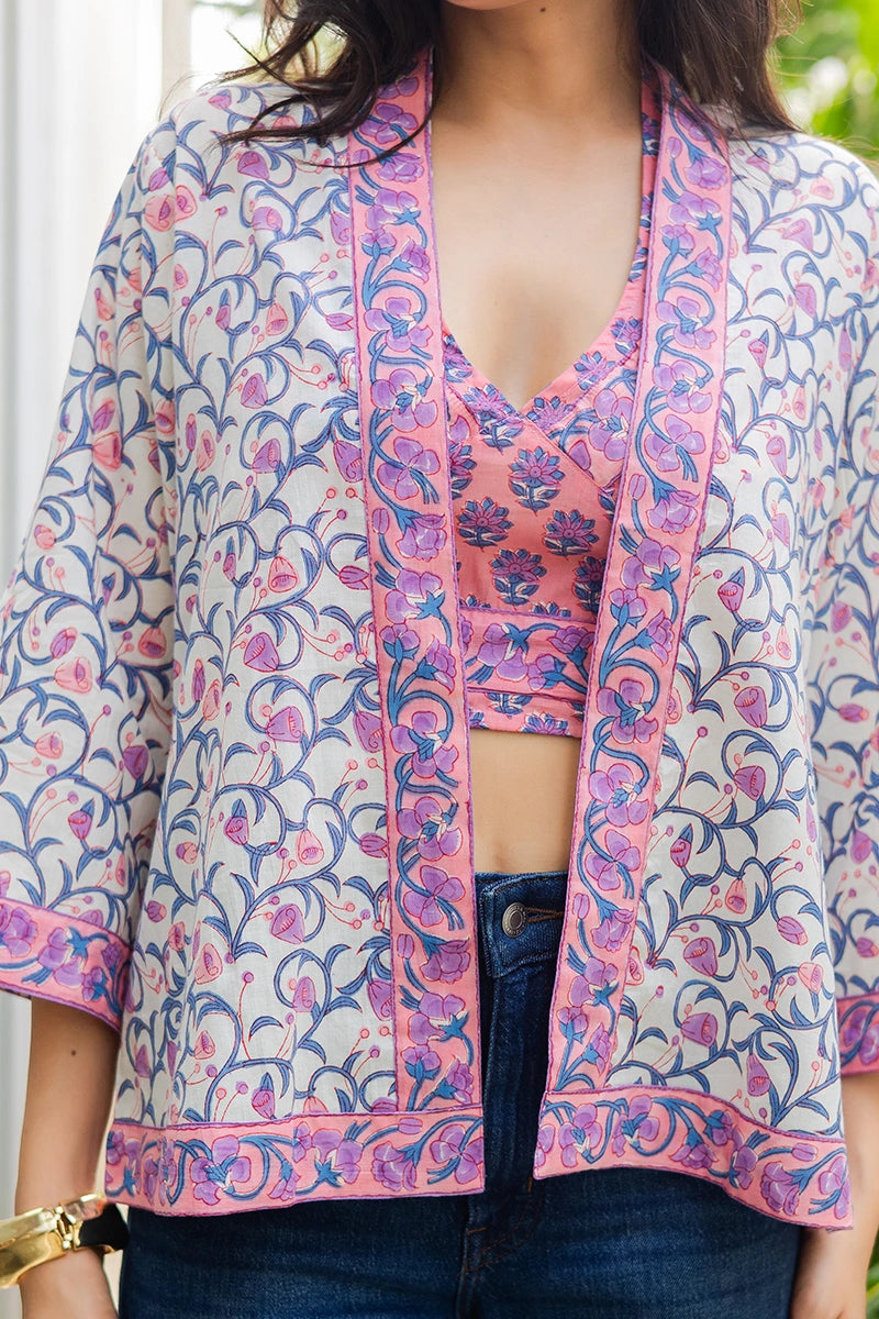 Peach Hand Block Printed Kimono and Halter Set