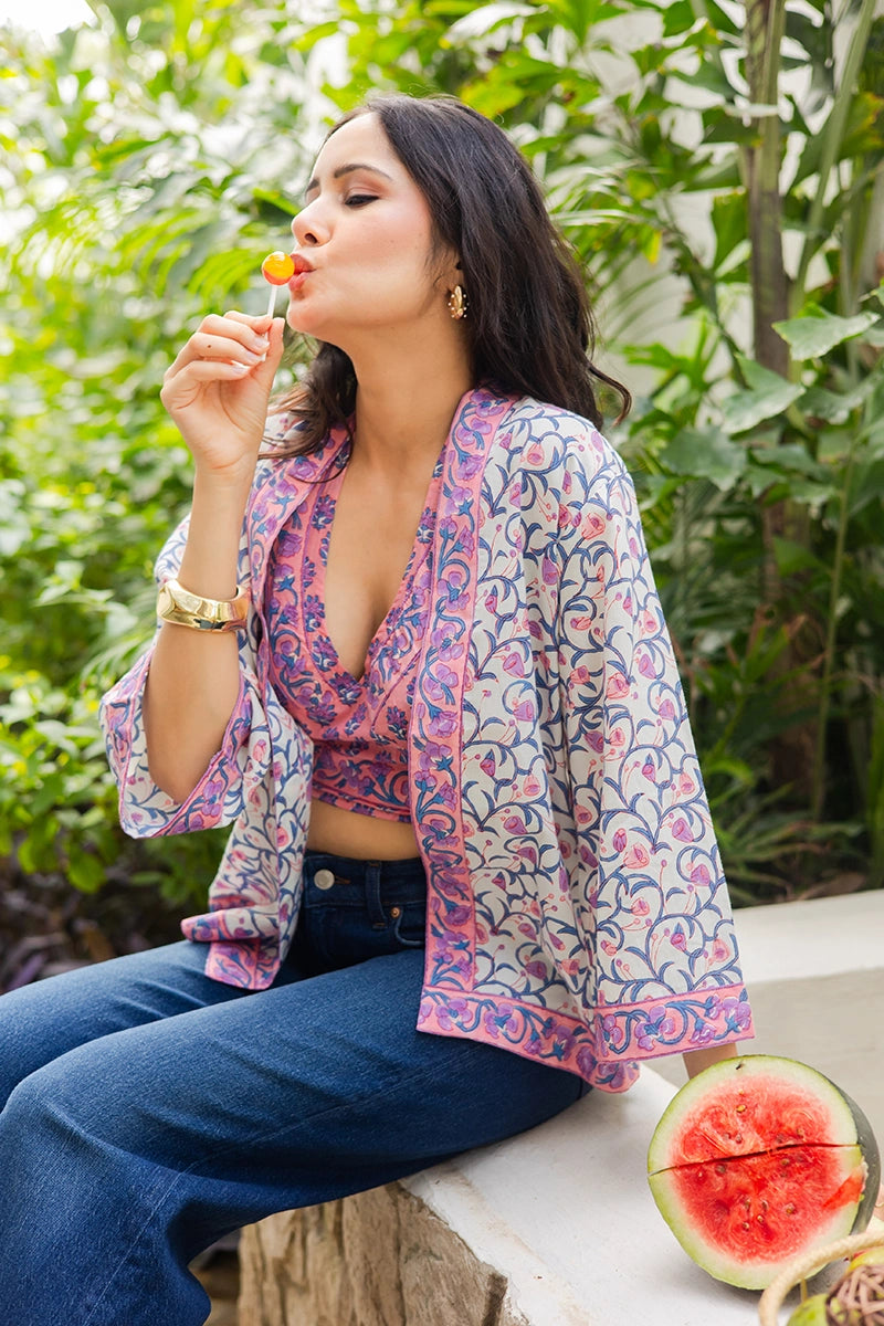 Peach Hand Block Printed Kimono and Halter Set